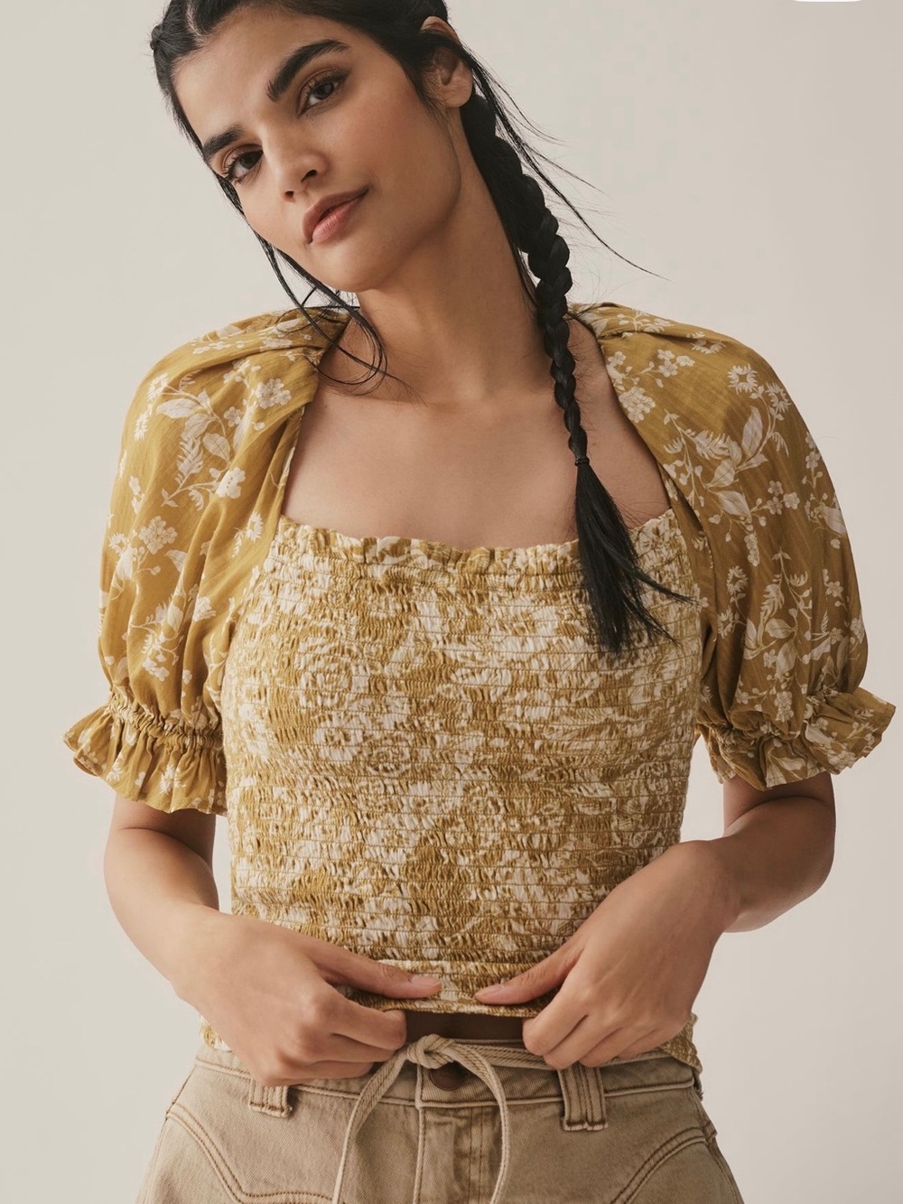 Anthropologie Mustard Floral Smocked Puff Sleeve Top - Picture 2 of 12